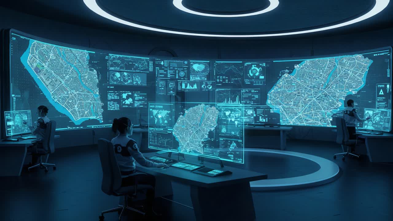 High-Tech Command Center Showcasing Digital Surveillance and Data Analysis with Multiple Interactive Screens and Personnel Engaged in Monitoring Activities