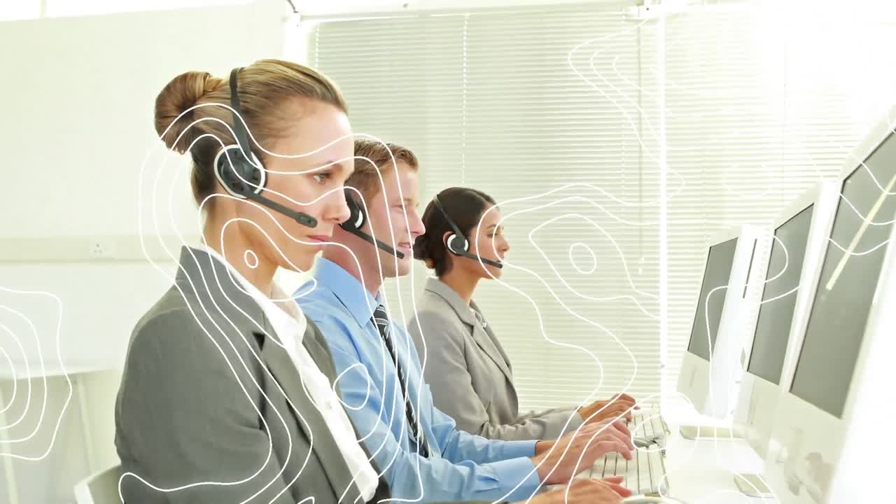 전화 헤드 ⁇ 을 착용 한 사업가 들 위 에 움직이는 선 의 애니메이션