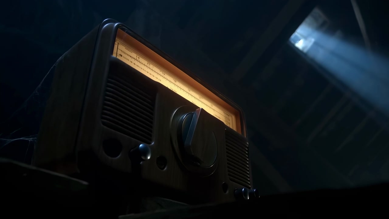 Radio da tavolo vintage mostrata da un punto di vista basso e inclinato con quadrante di frequenza ambra illuminato e una prominente manopola di sintonia arrotondata, il corpo della radio mostra superfici in plastica lucida e opaca o bachelite.