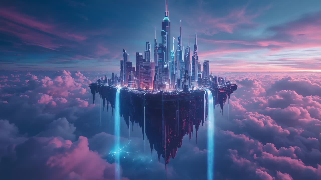 Futuristic floating city streaming neon-blue waterfalls in pastel dusk sky, with pulsing lights