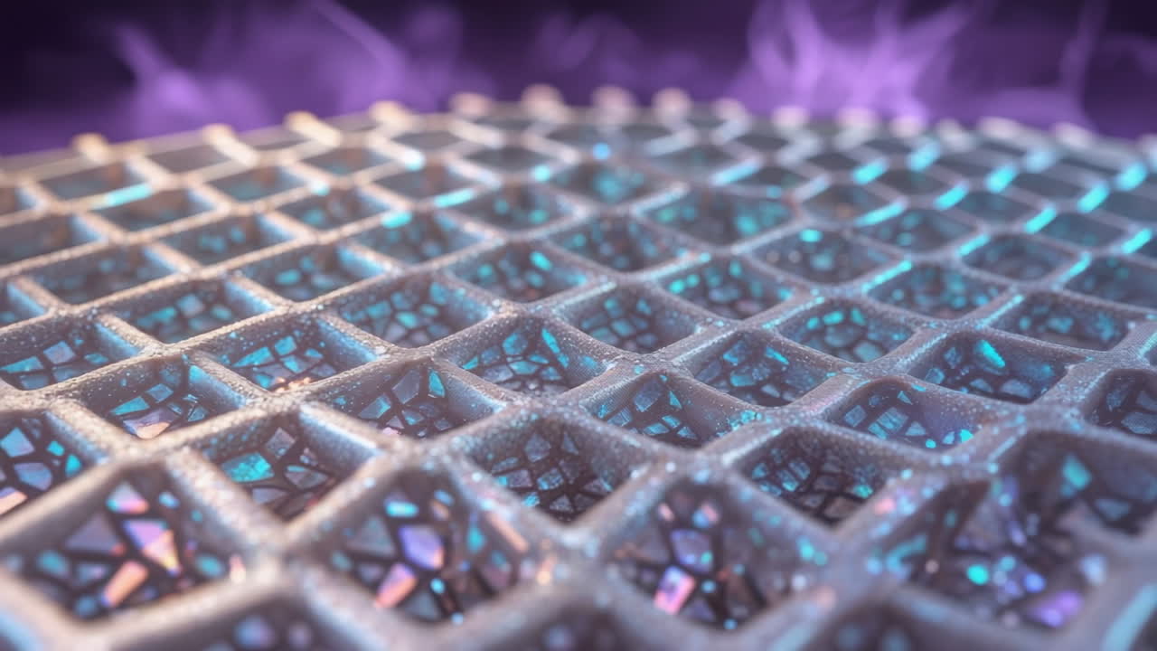Abstract Grid with Sparkling Crystalline Structures and Purple Haze