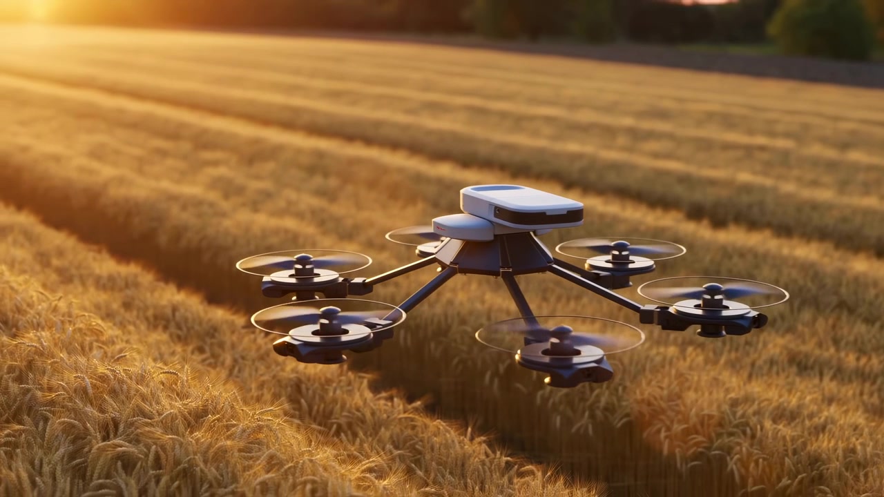 Un quadricottero vola basso sopra un campo di grano dorato nella calda luce della sera, con campi aperti che si estendono in lontananza sotto un cielo rurale calmo.