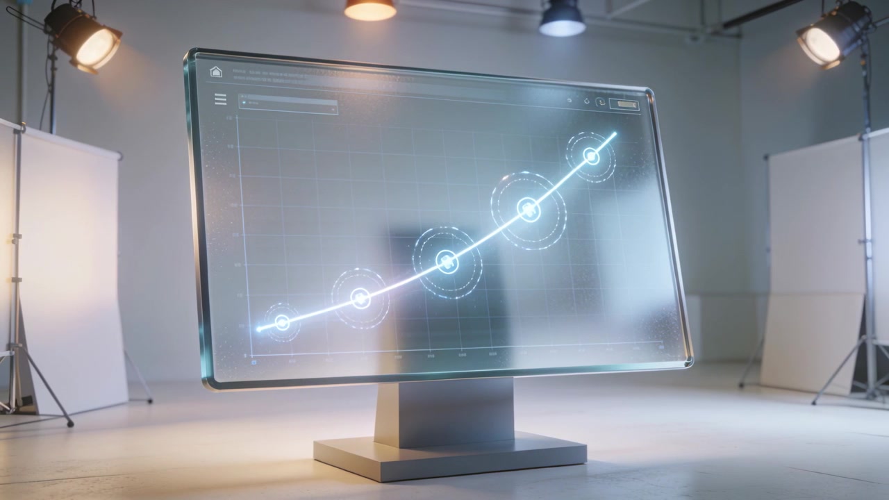 Showing glass monitor on pedestal starting glow, lighting nodes one-by-one in studio