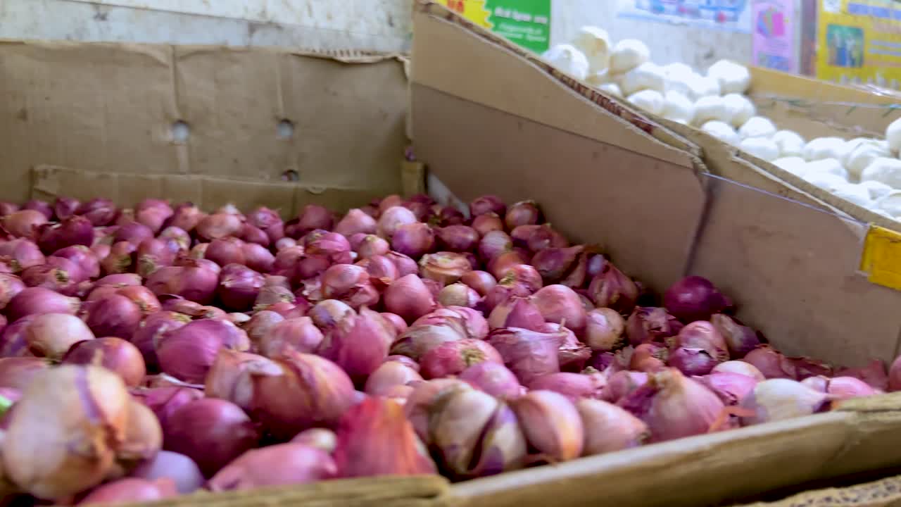 Close-up tracking shot of gourds, green beans, shallots, and garlic in bright natural light