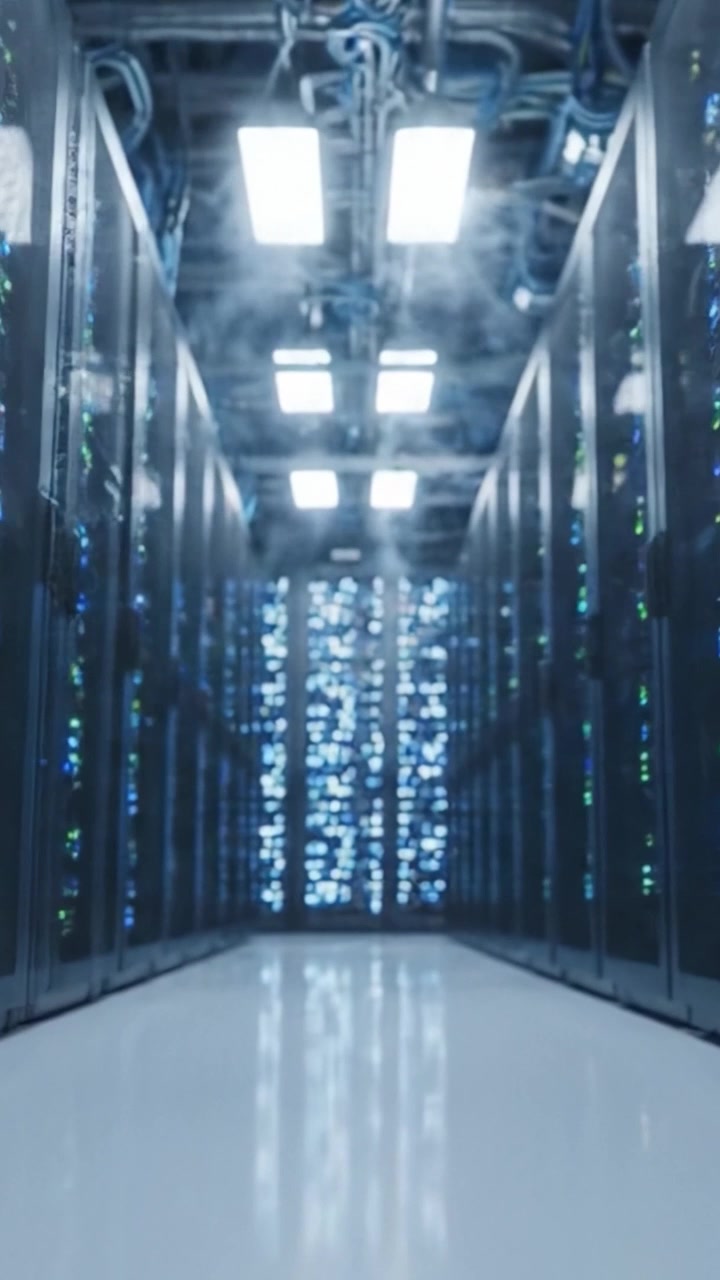 A Glimpse Inside a Modern Data Center: Rows of Server Racks Illuminated with Blue Lights in a High-Tech Environment