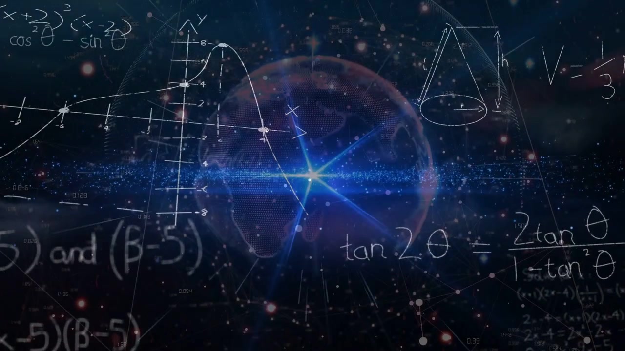 半透明の球体に青いフレアが現れ、リングが脈動する。概念を視覚化するため、チョークの数式が形成されていく。