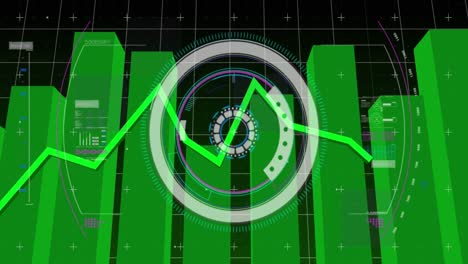 Green-graphs-over-neon-round-scanner-and-data-processing-against-black-background