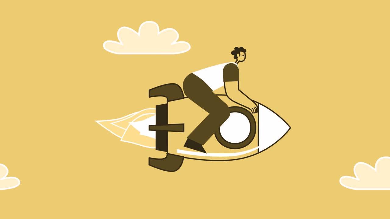 Yellow Style Man Flat Character  on Rocket Flies Out of Smartphone. Isolated Loop Animation with Alpha Channel