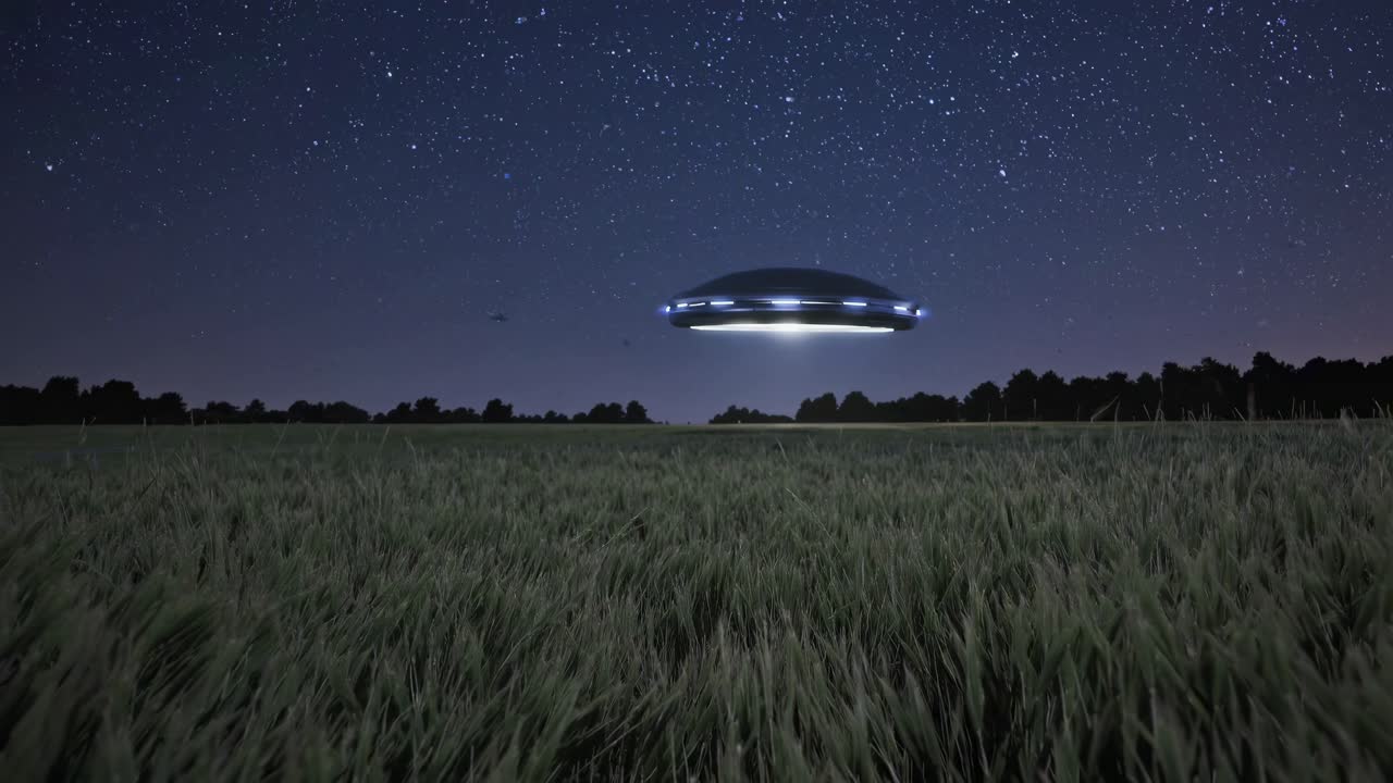 A low-angle video shot of a UFO hovering over a grassy field at night, with a starry sky backdrop