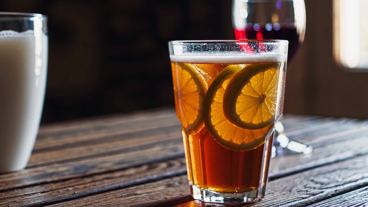 Close-up video angle of a refreshing iced tea with lemon slices on a rustic wooden table
