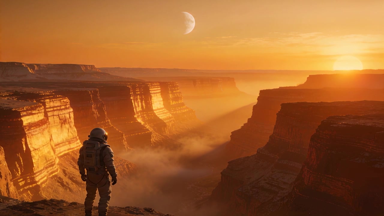 Stepping suited explorer watching sun sinking over canyon, with helmet and backpack, copy space
