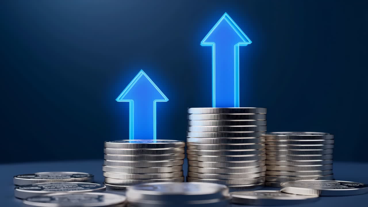 Financial Growth and Investment with Stacks of Coins and Upward Arrows