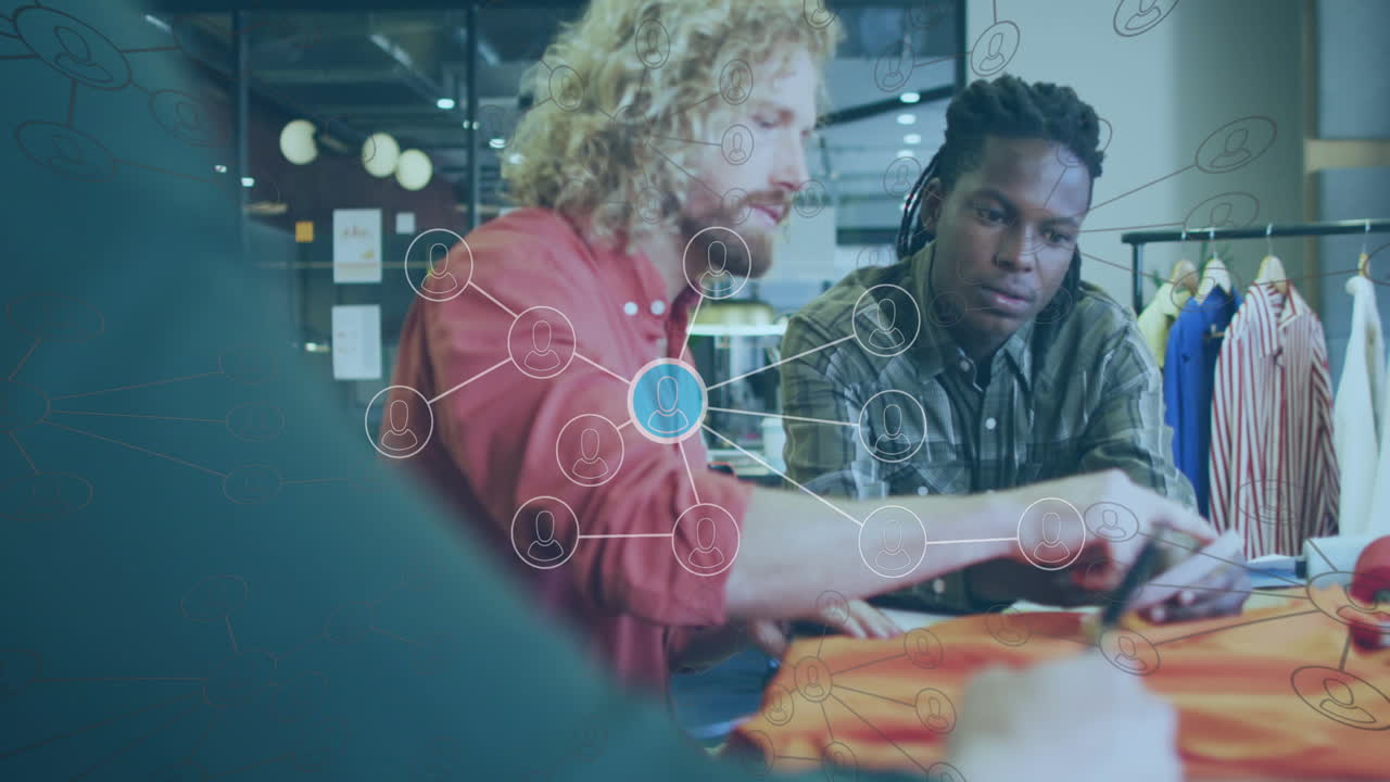 Animation of network with data processing over diverse business people working in office