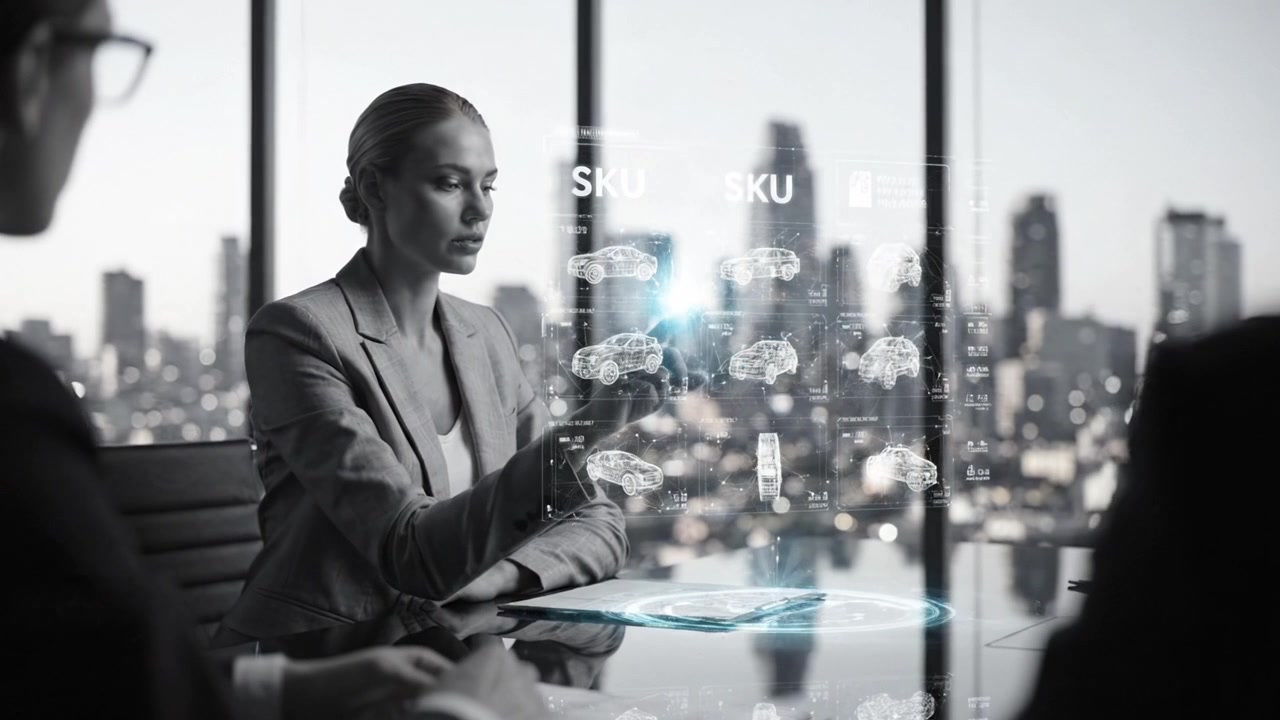 Fokuserad affärskvinna analyserar data på ett modernt kontor med fantastisk utsikt över staden under ett företagsmöte för strategisk planering och beslutsfattande