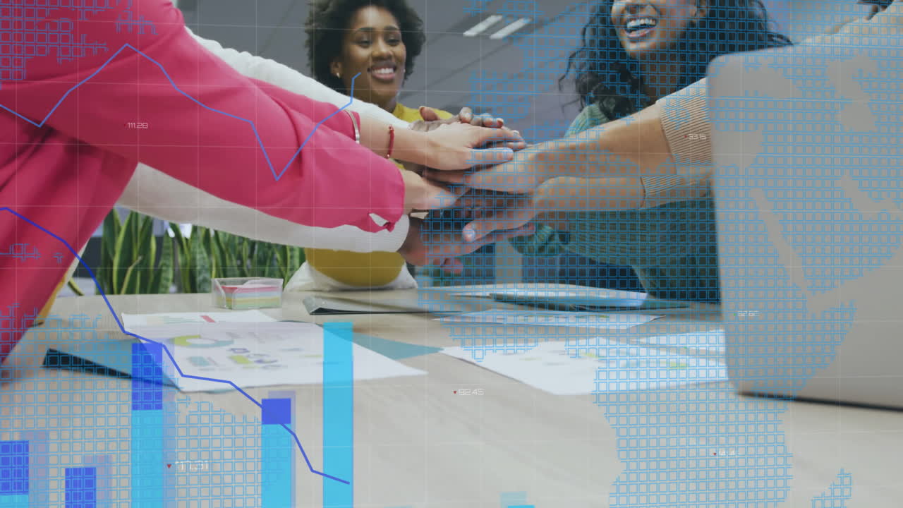 Animation of data processing over diverse male and female colleagues hand stacking at casual meeting