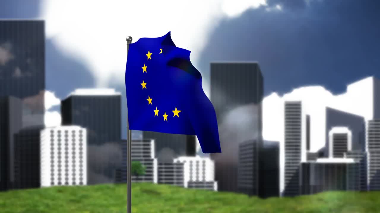 유럽 국기가 도시 풍경에 흔들리고 있습니다.