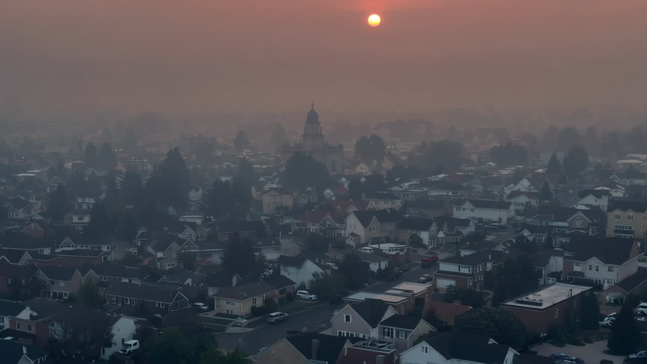 Sunrise over a Suburban City Covered in Smoke