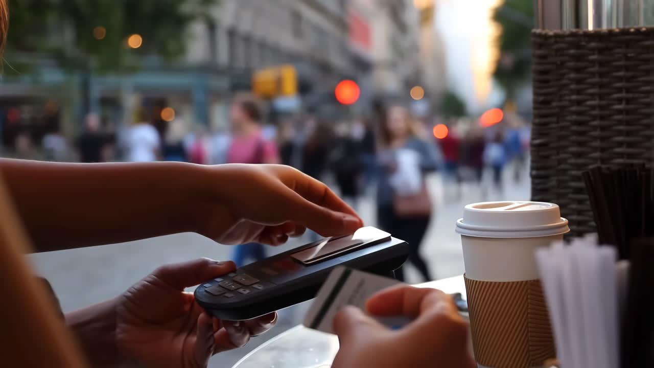 Person making a credit card payment on a busy city street
