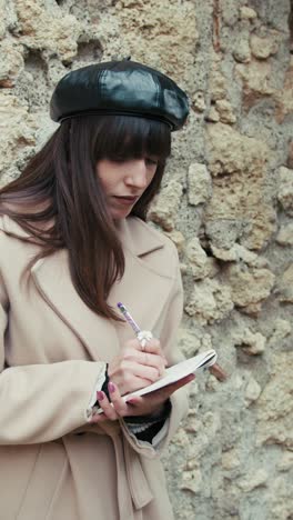 woman studying outdoor in her little hamlet while leaning on a wall