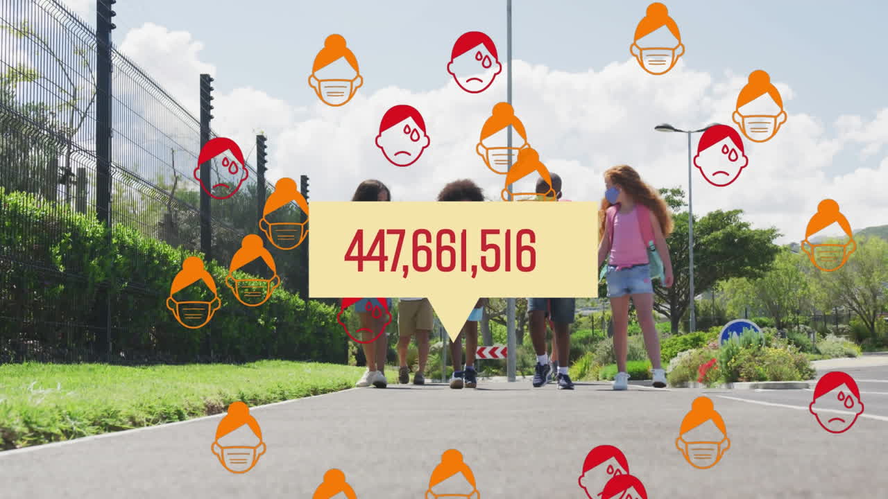 las mujeres con iconos de fiebre simbolizan el aumento de los casos de covid-19; los niños corren afuera.