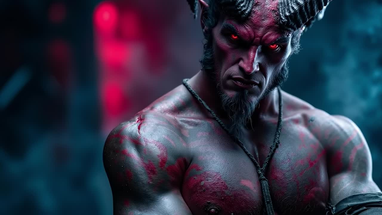 A man with red paint on his body and horns on his head