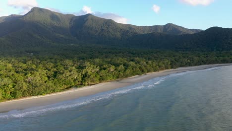 Daintree-Rainforest-landscape-aerial-of-beach-and-mountains,-Cape-Tribulation,-Queensland,-Australia