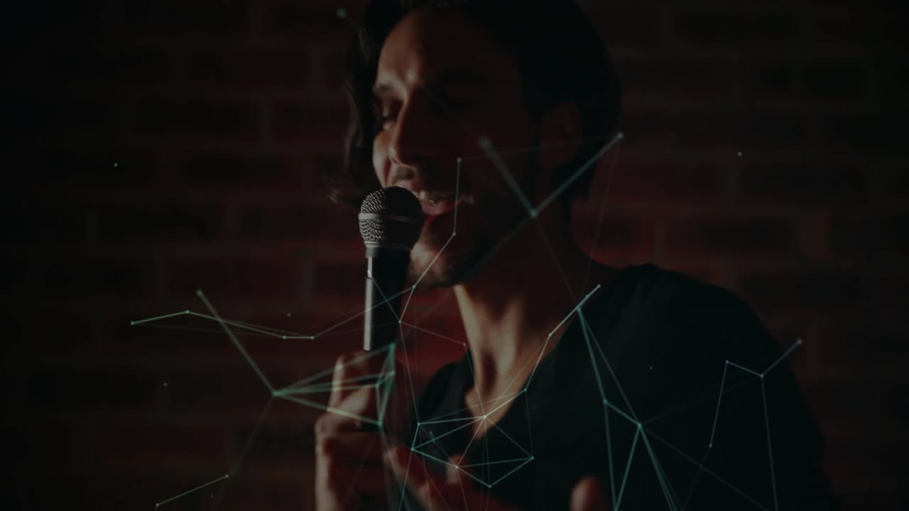 Male singer bringing microphone to mouth projecting voice on music club stage with network overlay