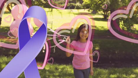 animation of violet ribbon over happy biracial girl with pink balloons running