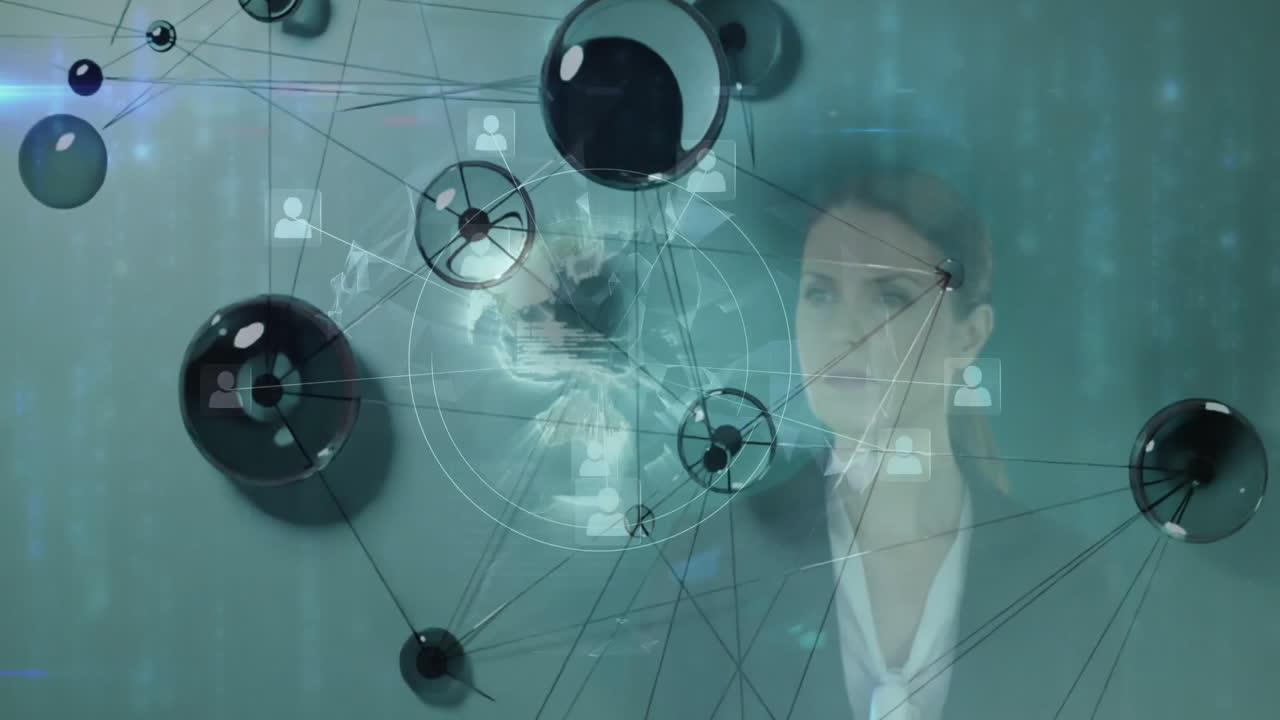 Interacting with digital network, businesswoman using animation for global connections