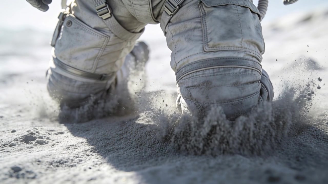 Astronauta arrodillado con traje espacial presionando las rodilleras contra el polvo, levantando columnas y probando la estabilidad.