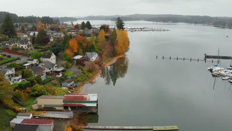 Houses-in-small-town-on-the-coastline-of-calm-lake-in-Washington,-USA