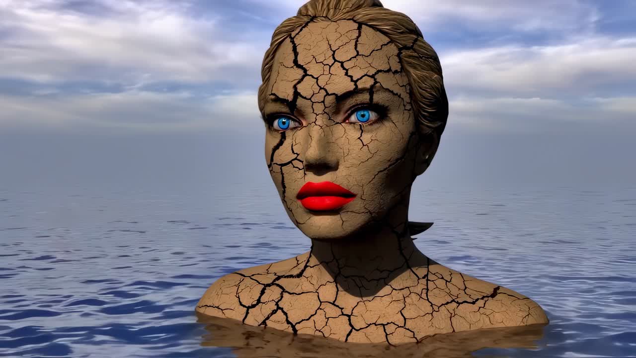 Haunting digital animation depicting fractured female bust with crimson lips emerging from turbulent waters beneath overcast sky, symbolizing environmental transformation and human fragility