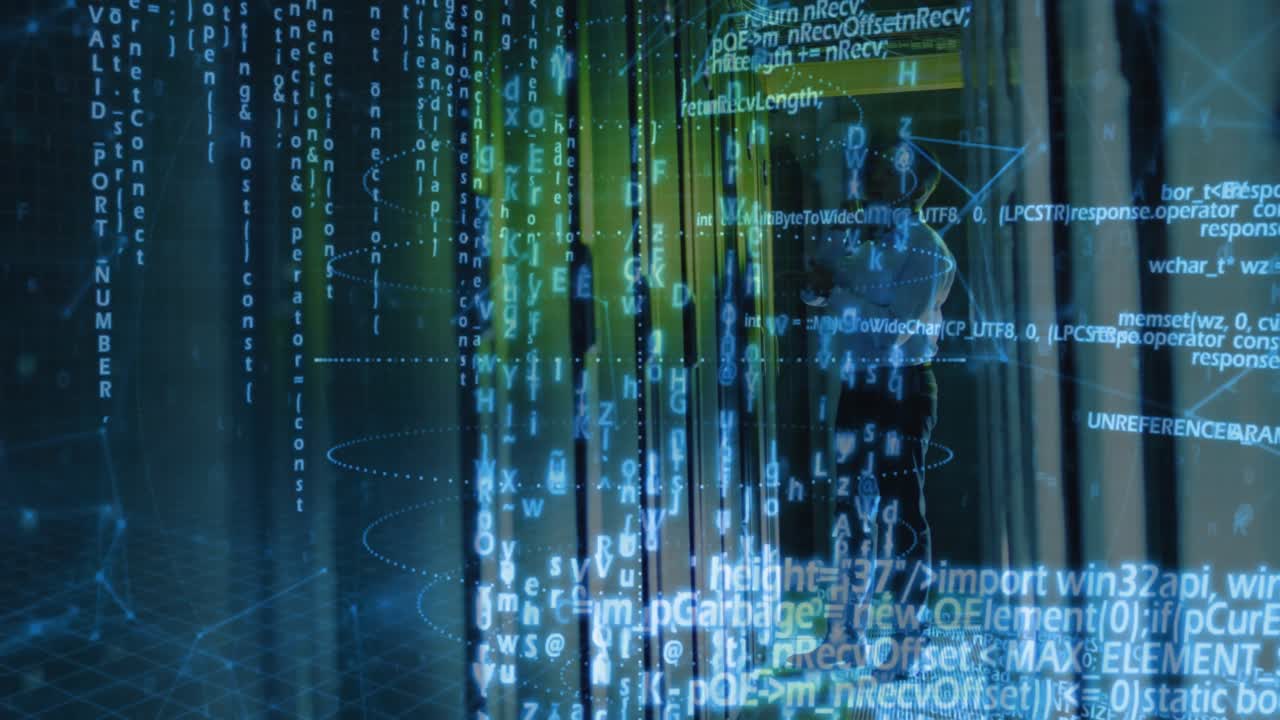 Hooded man navigating virtual data center, with floating code letters and glowing network grid