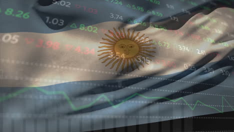 animation of financial data processing over flag of argentina