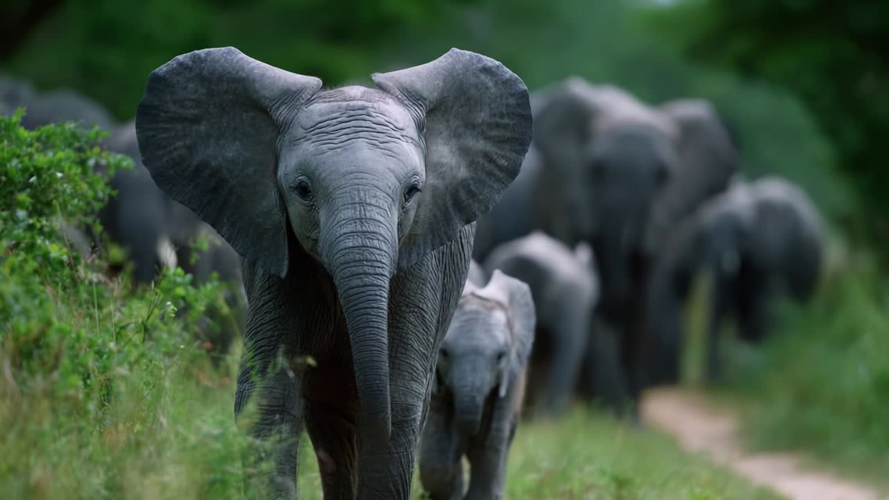 A majestic herd of elephants navigating through lush greenery, showcasing the beauty and social dynamics of these intelligent and gentle giants as they move gracefully on a scenic path