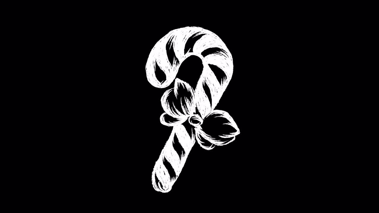 Disegno animato di bastoncino di zucchero con gessetto bianco su sfondo nero.