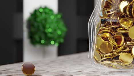 close up. slow motion. gold coins dropping into clear glass jar on wooden desk at minimal interior. concept: saving, earning, startup, support, budget, investment. money in glass jar 4k stock footage