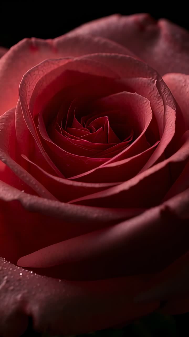 Video verticale: spostamento della messa a fuoco della camera e luce soffusa che rivela gocce di rugiada rosa-rosse sui petali di rosa in studio