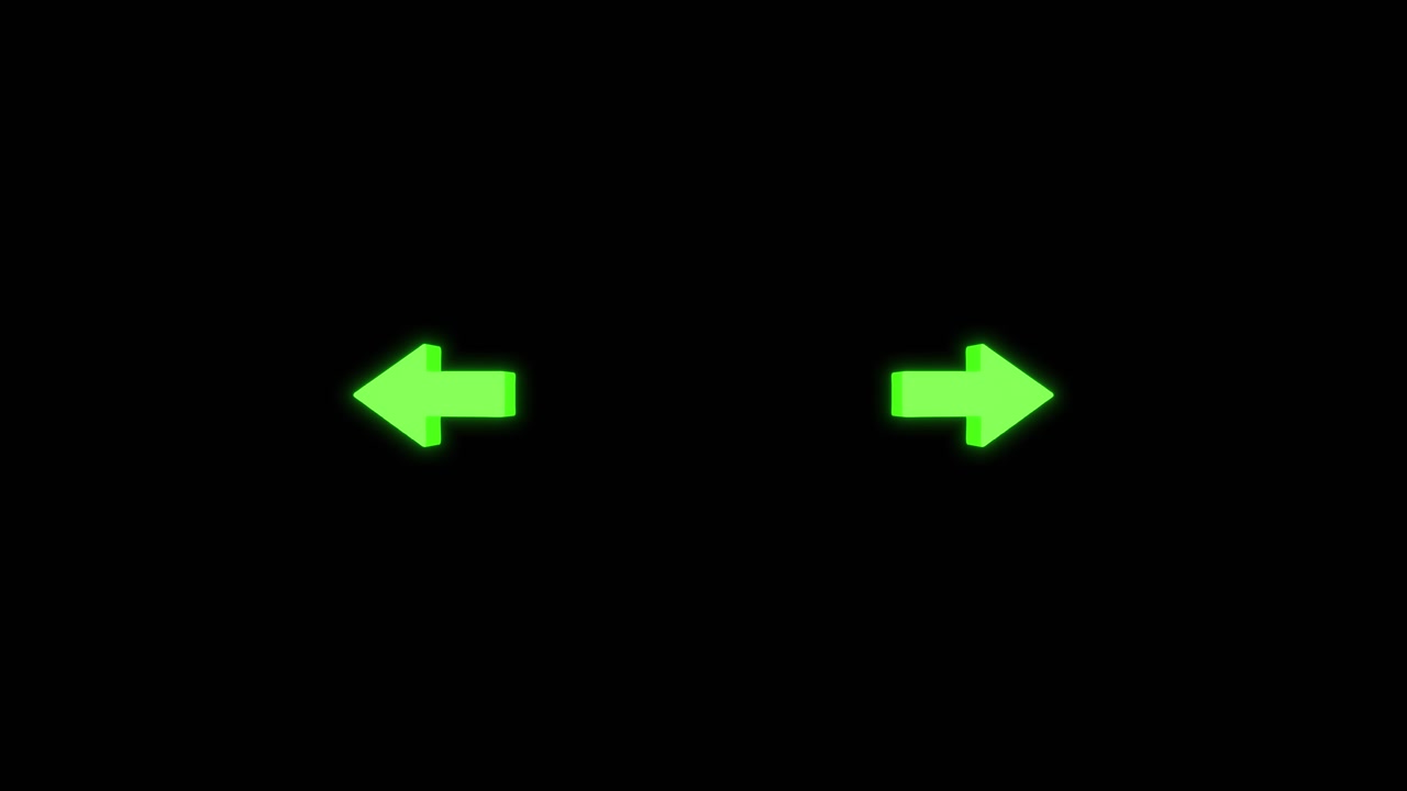 Immagine simbolo freccia direzionale al neon con frecce verdi opposte, spazio negativo scuro e pulito.