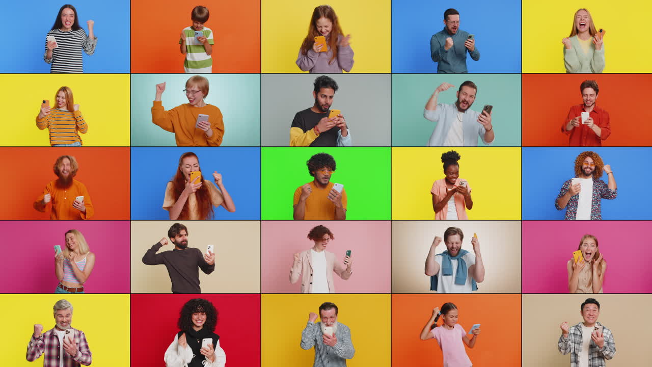 collage de personas sonrientes felices hombres mujeres usan teléfonos móviles celebrando ganar buenas noticias jugar un juego