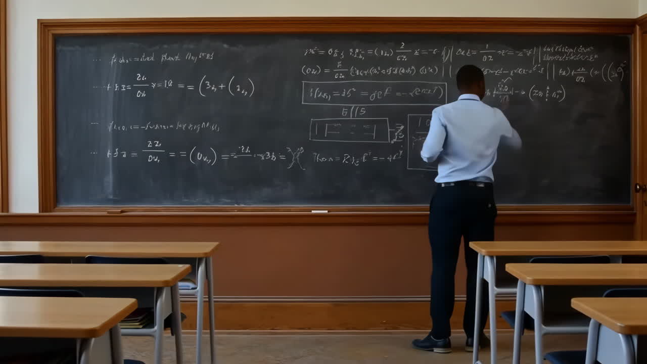 Teacher writing math equations on a chalkboard in a classroom