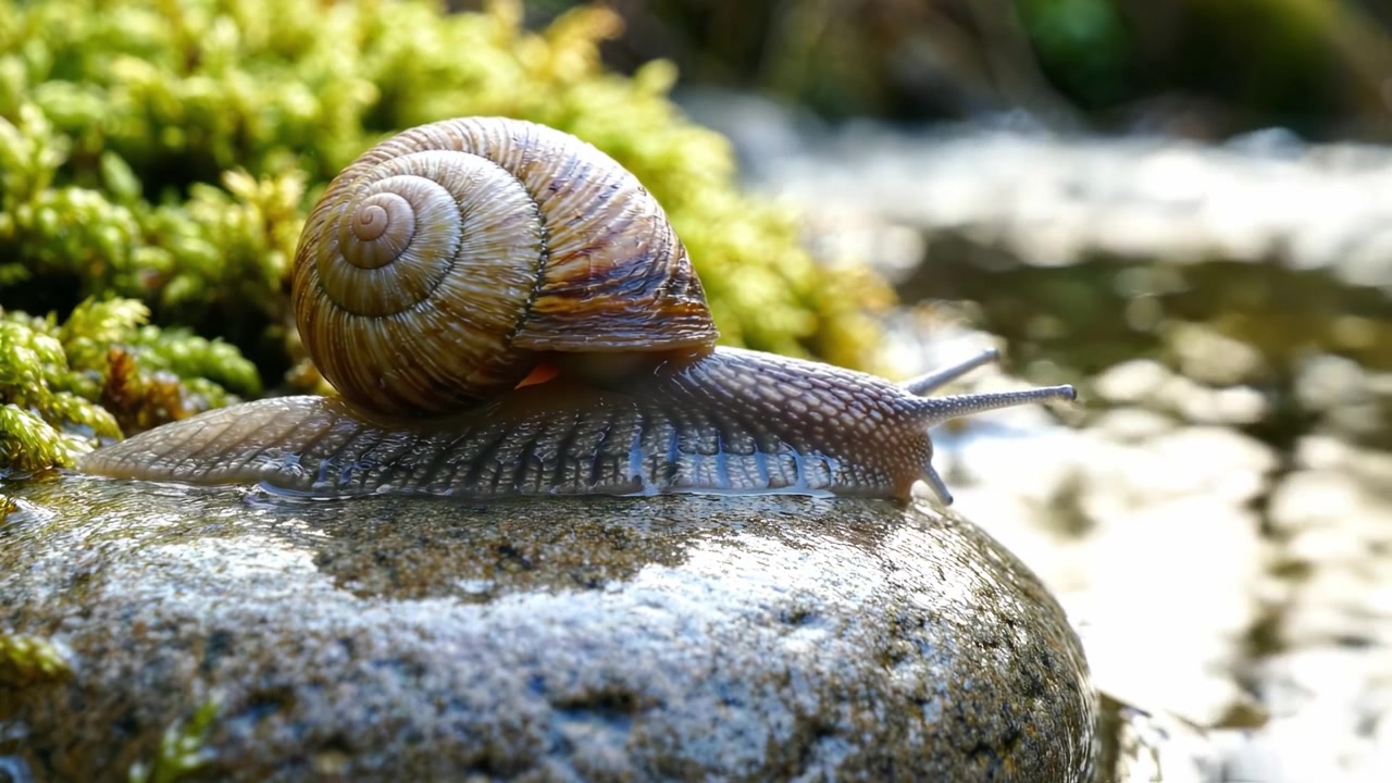 A Close-Up View of a Snail Gliding Gracefully on a Smooth Rock Surrounded by Lush Greenery and Gentle Water Reflections in a Tranquil Setting