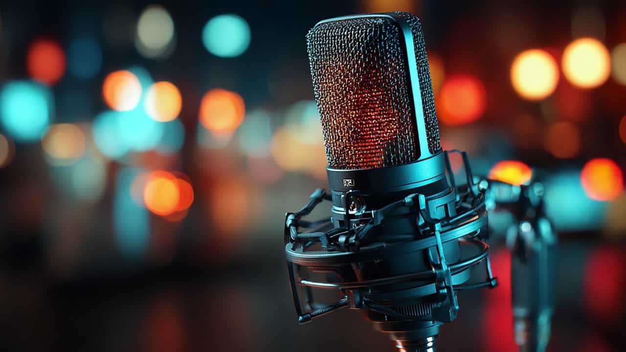 Capture the Essence of Sound: A Stunning Close-Up of a High-Quality Microphone Against a Beautifully Blurred Background of Multicolored Lights