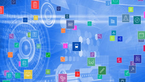 animation of network of connections with digital icons over data processing in background