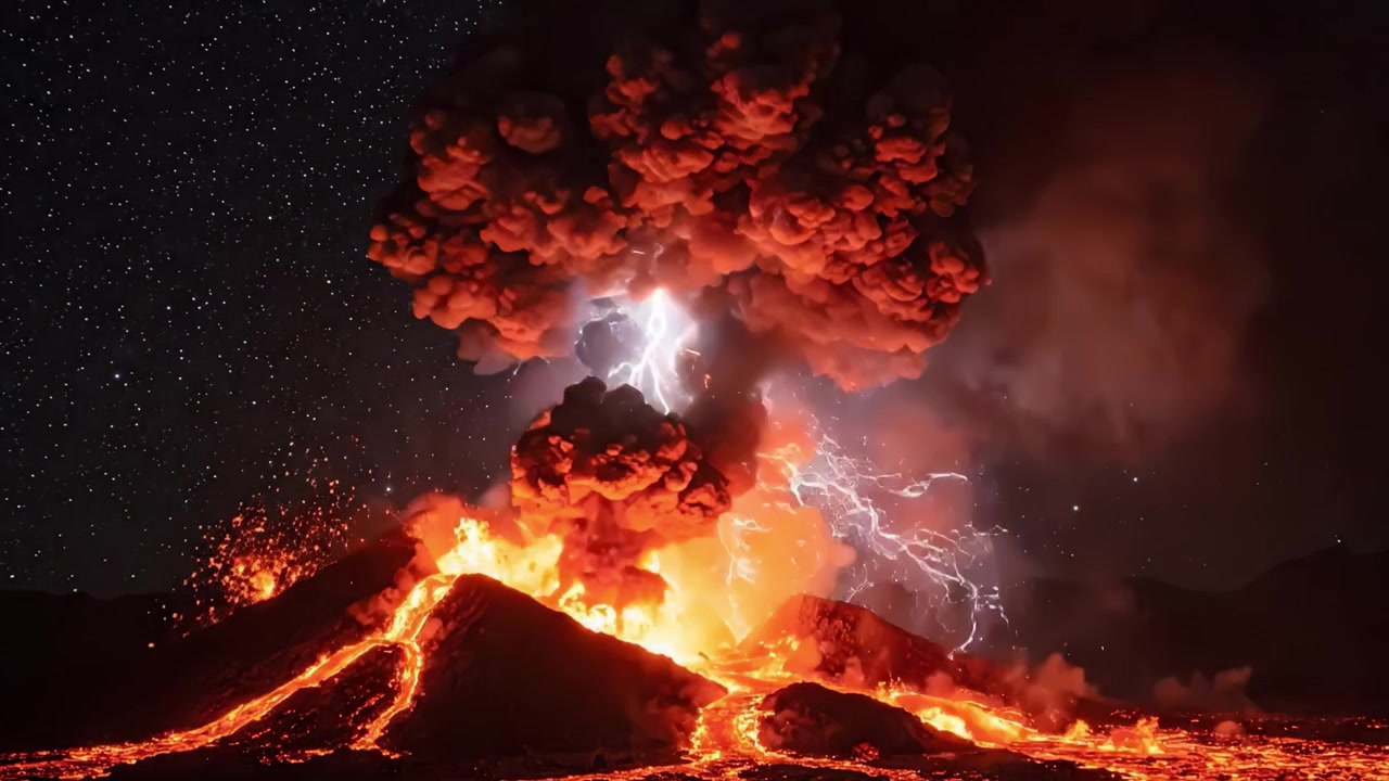Et imponerende utbrudd viser naturens kraft med lava, aske og lyn på en fantastisk nattehimmel