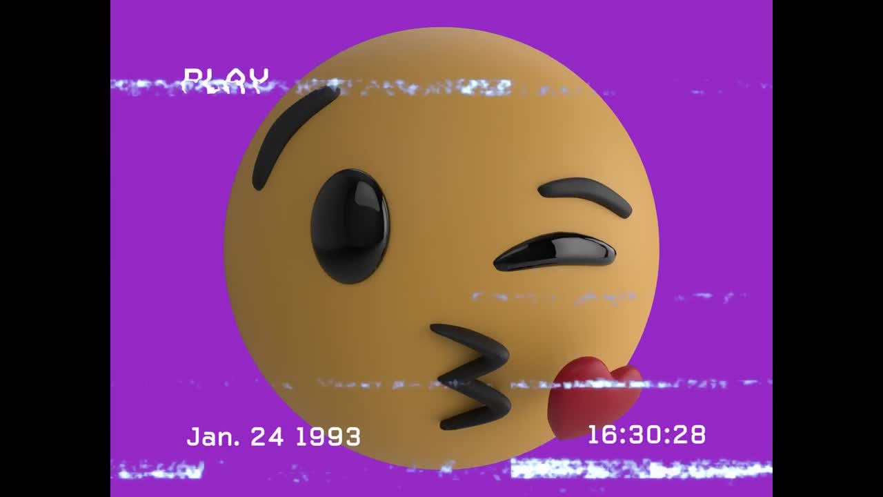 소음과 함께 화면 위에 키스하는 이모지 아이콘의 애니메이션