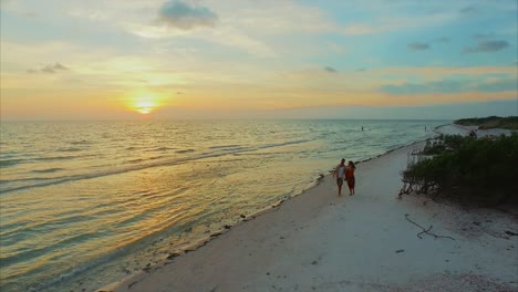 young attractive couple walks on a beach during sunset