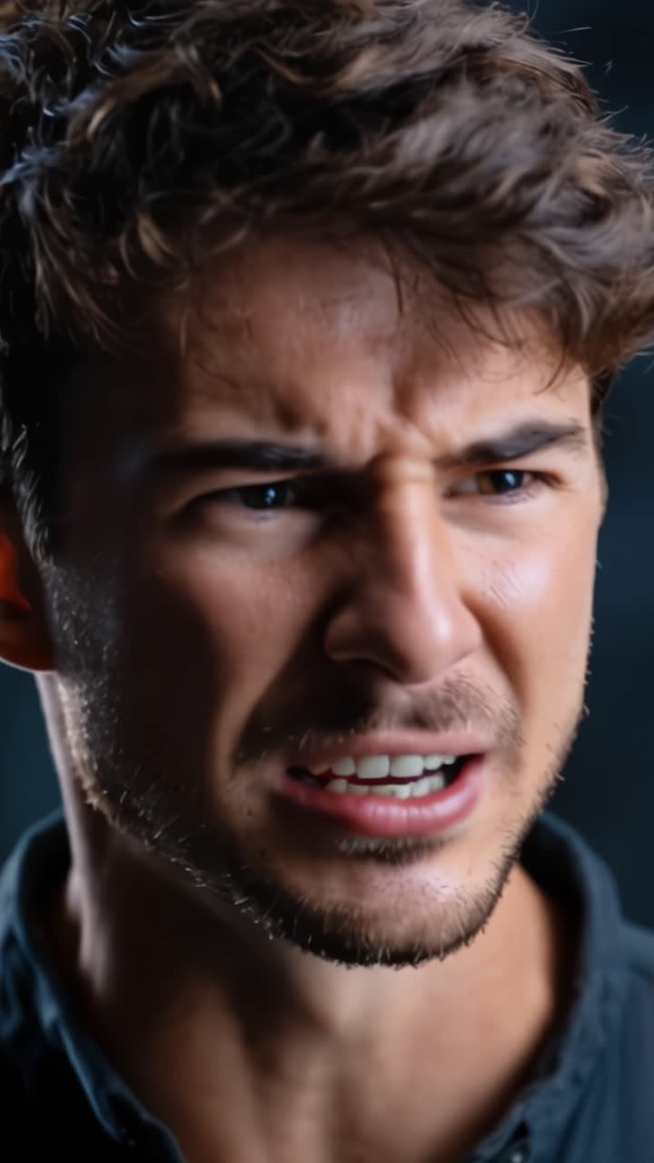 Emozioni intense: la lotta di rabbia e frustrazione catturata in due potenti fotogrammi espressivi da una serie di ritratti ad alto contrasto.