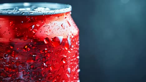 una lata de refresco con gotas de agua en ella