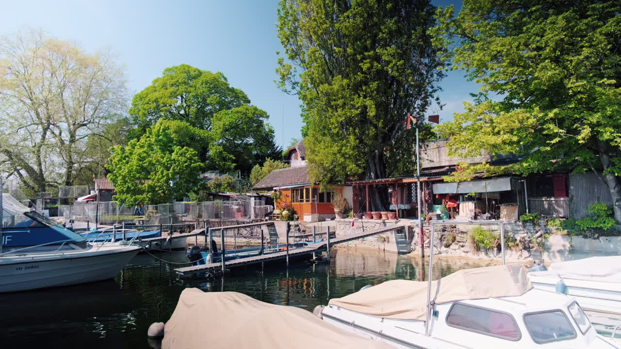 Wide shot of Nyon fishing port during the day in canton of Vaud, Switzerland, outdoor